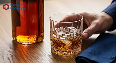 Рука мужчины тянется за стаканом алкоголя